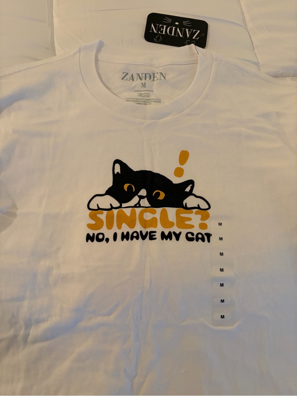 White "Single? No, I Have My Cat" Graphic Tee - Yellow & Black